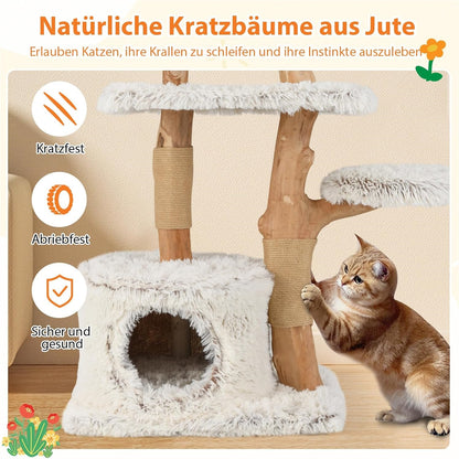 Krabpaal Kat – Krabboom Katten – Kattenmeubel – Klimpaal Kat – Kattenboom – 135 cm Hoog – Massief Houten Frame Met Jute Krabposts – Zacht Plush Zitgedeelte Wit