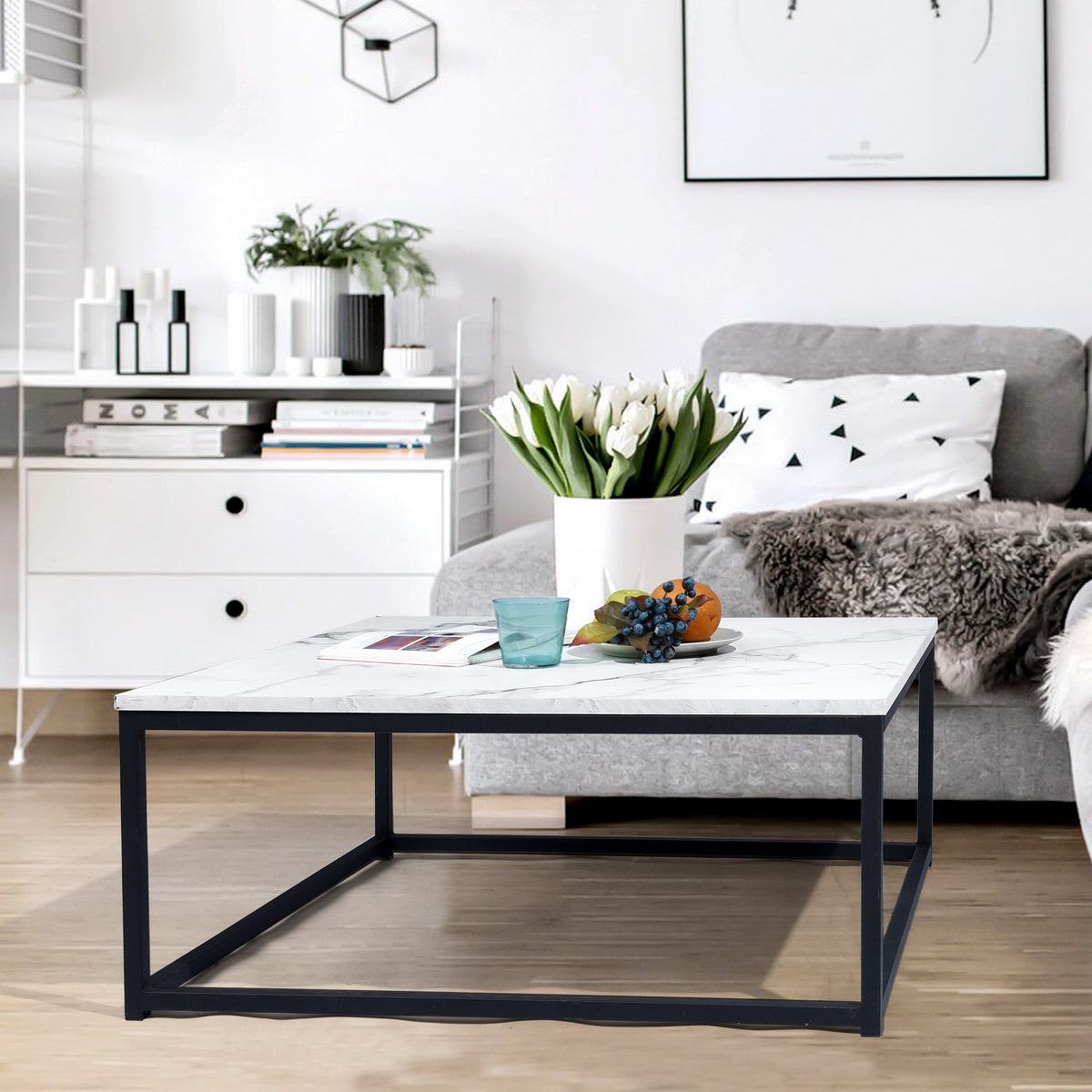 Salontafel – Koffietafel – Tafeltje – Woonkamertafel – Bijzettafel – Zwart – Marmerlook MDF – Industrieel Design – 80x80x34 cm – Stevig Metalen Frame – Eenvoudig Montuur
