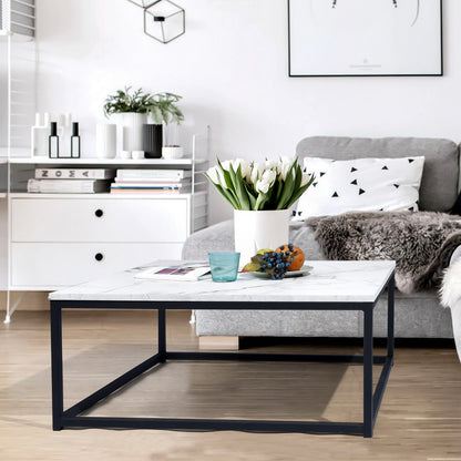 Salontafel – Koffietafel – Tafeltje – Woonkamertafel – Bijzettafel – Zwart – Marmerlook MDF – Industrieel Design – 80x80x34 cm – Stevig Metalen Frame – Eenvoudig Montuur