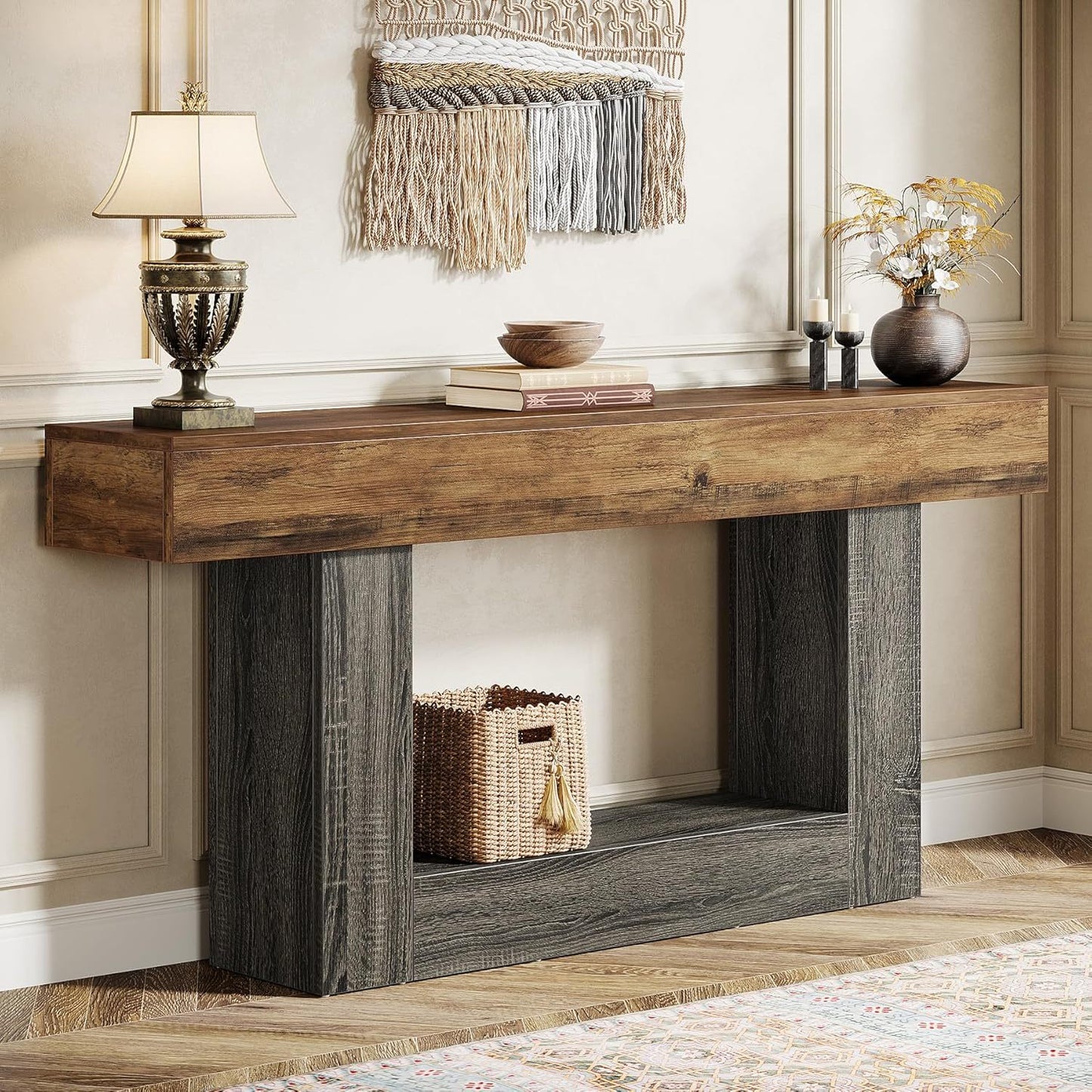 Sidetable – Sofa Tafel – Haltafel – Wandtafel – Landelijke Sidetable – Vintage Bruin & Grijs – Extra Lang 160 cm – Duurzaam Samengesteld Hout