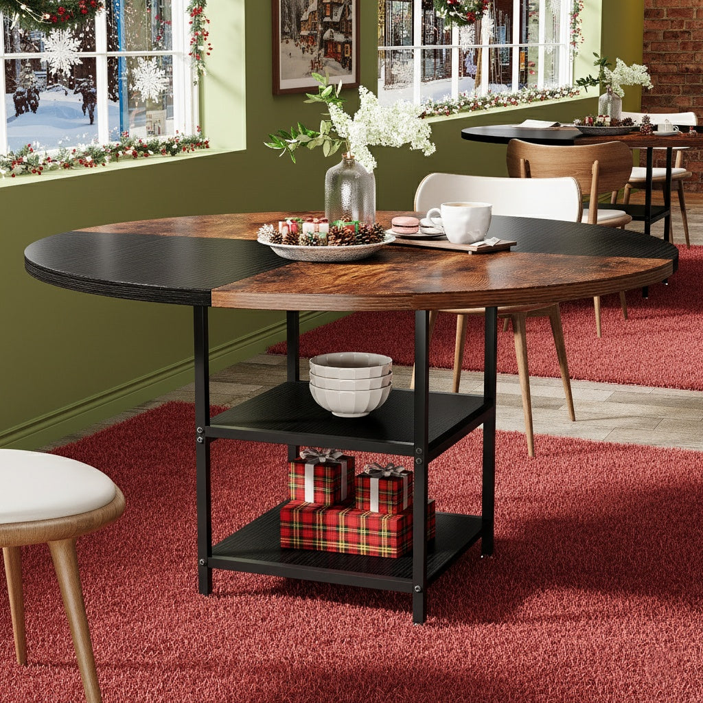 Eettafel – Dinertafel – Keukentafel – Eetkamertafel – Tafel – Extra Lang – Rond/Ovaal Design – Geschikt voor 4-6 Personen – Krasbestendig Engineered Hout – Stevige Metalen Poot