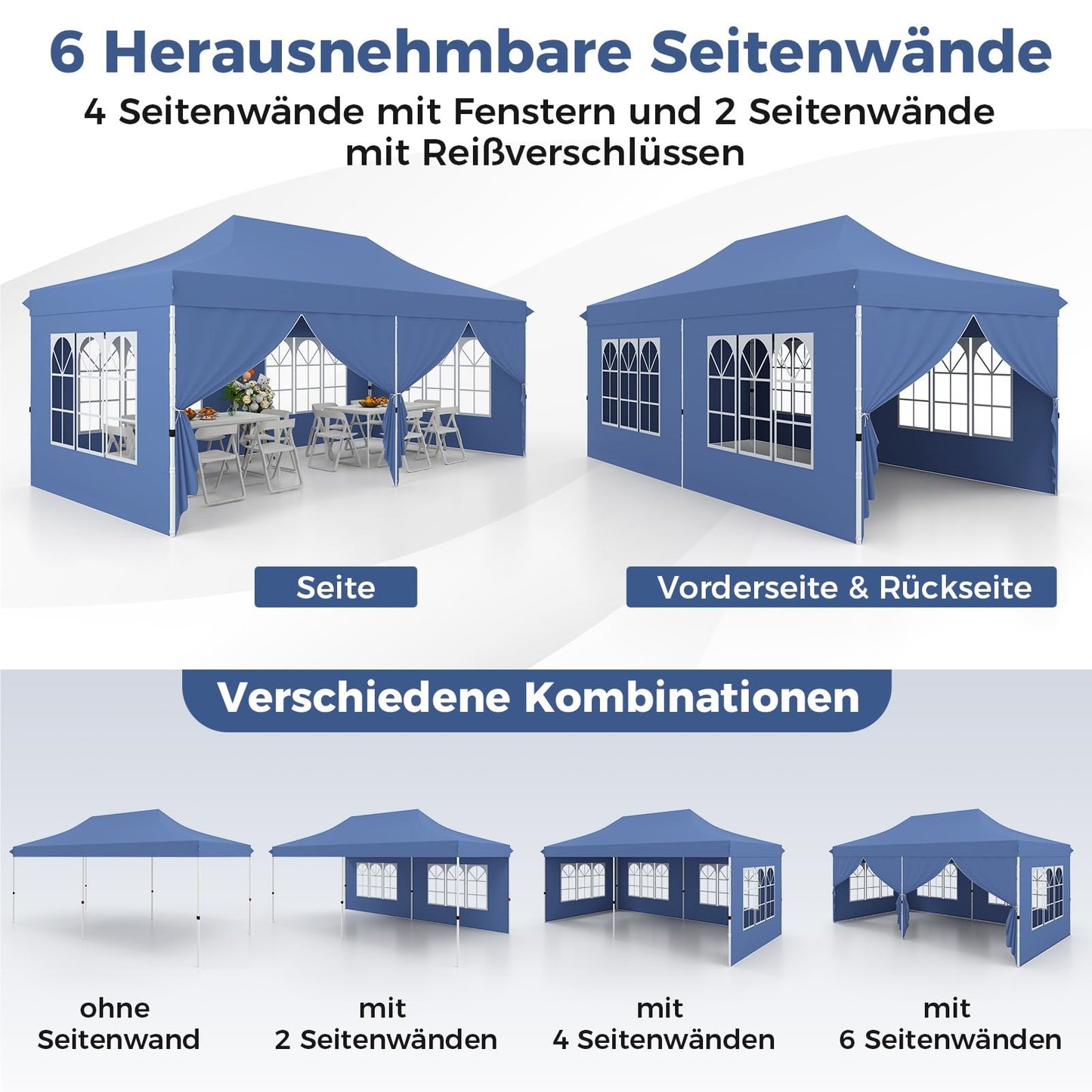 Paviljoen – Tuinpaviljoen – Partytent – Tenten – Overkapping – 3 x 6 Meter – Waterdicht Met UV Bescherming 50+ – Met 6 Zijwanden en Zandzakken – Blauw