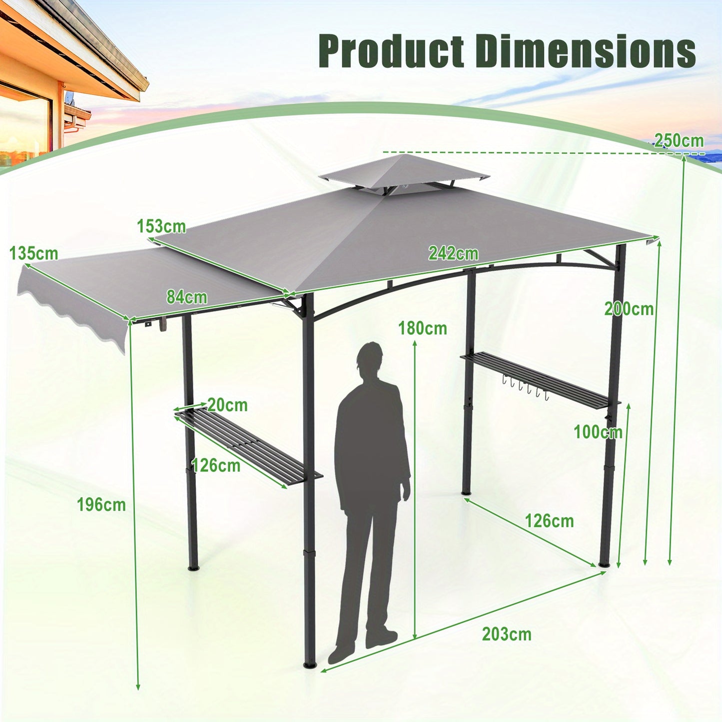 BBQ Overkapping – Barbecue Paviljoen – Tuinpaviljoen – BBQ Tent – Grill Schuilhut – Ruim Ontwerp – Vlamvertragende Polyester – Stevig Metalen Frame - Grijs