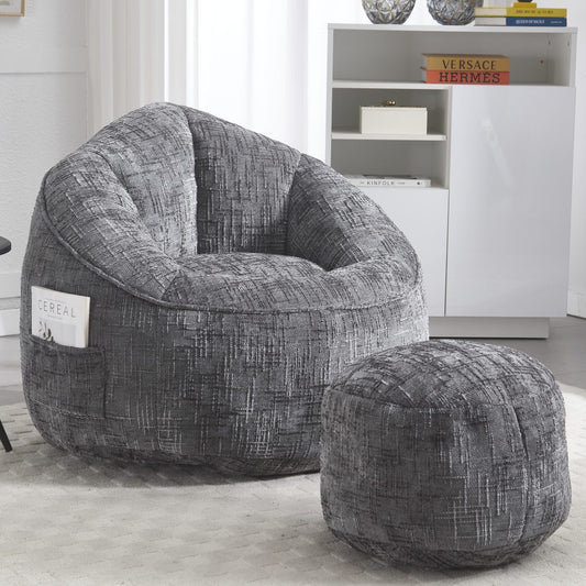 Zitzak – Fauteuil – Slaapstoel – Poef – Poefstoel – Grijs – Memoryfoam Vulling – Inclusief Voetensteun