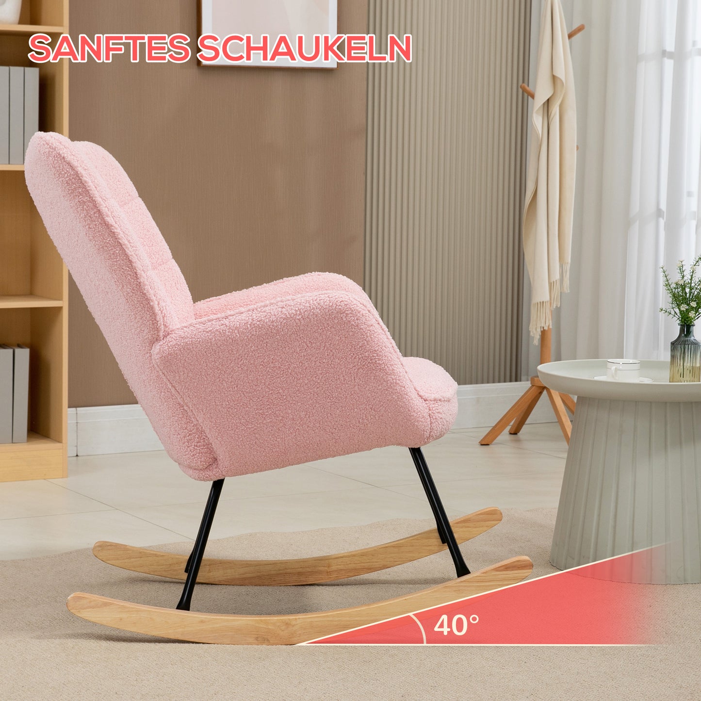 Schommelstoel – Relaxstoel – Rocking Chair – Armstoel – Retro Fauteuil – Massief Houten Frame – Zachte Roze Bekleding – 98x71x101 cm