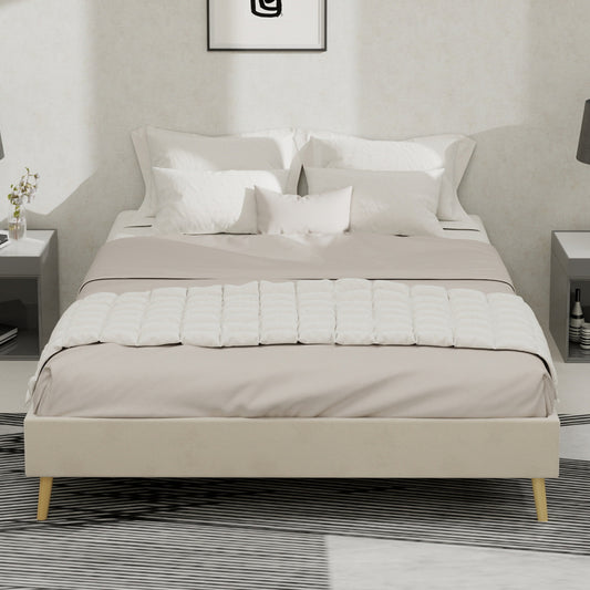 Bedframe – Bedbodem – Boxspringframe – Slaapbank – Ledikant – Modern – Minimalistisch – 140x200 cm – Gestoffeerd Beige – Lage Platformstijl – Vooraf Gemonteerd