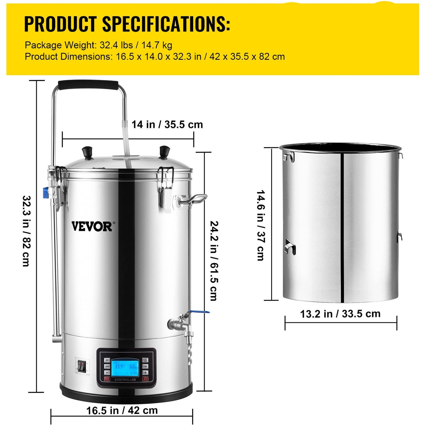 Bierbrouwset – Thuisbrouwketel – Elektrisch Brouwketel Systeem – Ambachtelijk Bierbrouwen – All-in-One Brouwsysteem – 30 Liter RVS – Automatisch Temperatuurregeling 25-100°C