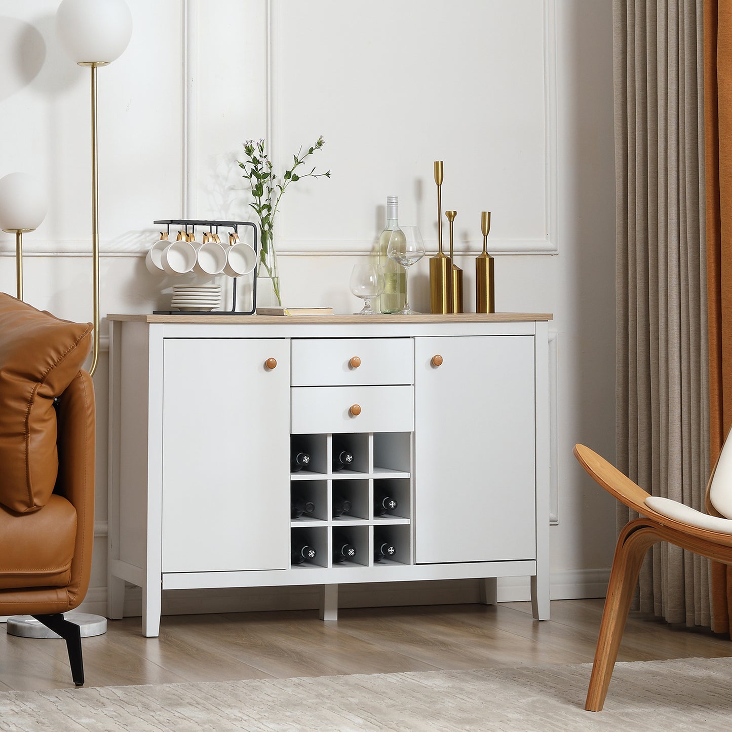 Opbergkast – Kastje – Dressoir – Bergkast – Buffetkast – 2 Laden – 2 Verstelbare Planken – Flessenhouder Voor 9 Flessen – Wit – Hout – 110 x 35 x 75 cm