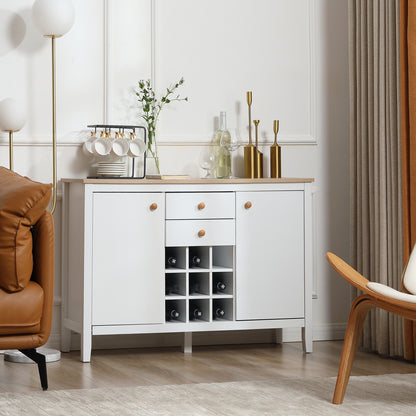Opbergkast – Kastje – Dressoir – Bergkast – Buffetkast – 2 Laden – 2 Verstelbare Planken – Flessenhouder Voor 9 Flessen – Wit – Hout – 110 x 35 x 75 cm