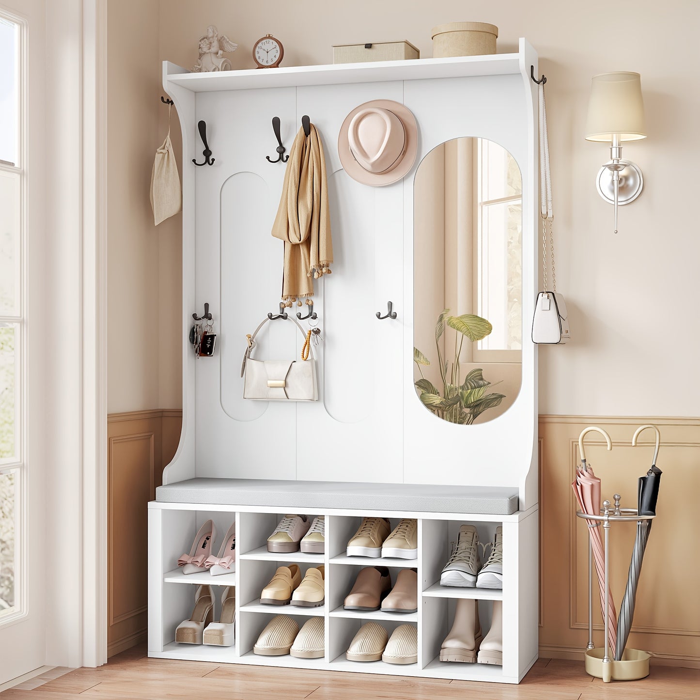 Coat Rack with Shoe Bench, Wardrobe with Mirror, Shoe Storage, 10 Hooks, Adjustable Shelves, Freestanding, for Entrance Area, Hallway, 35.5 X 100 X 185cm, White,  Hallway Storage, Freestanding Wardrobe, Sleek Design, Shoe Ben - QUORE