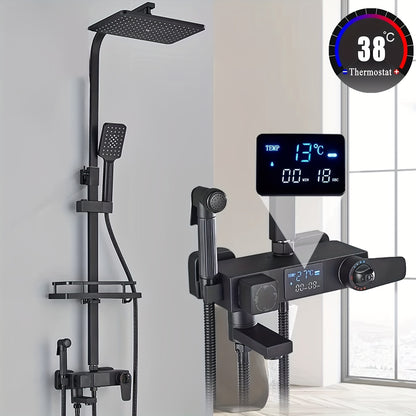 Thermostatische Douchekraan – Douchekraan Thermostaat – Regendouche Set – Handdouche – Baduitloop – Matzwart Design – Messing Materiaal – 20,32 cm Regendouche – Digitaal Display