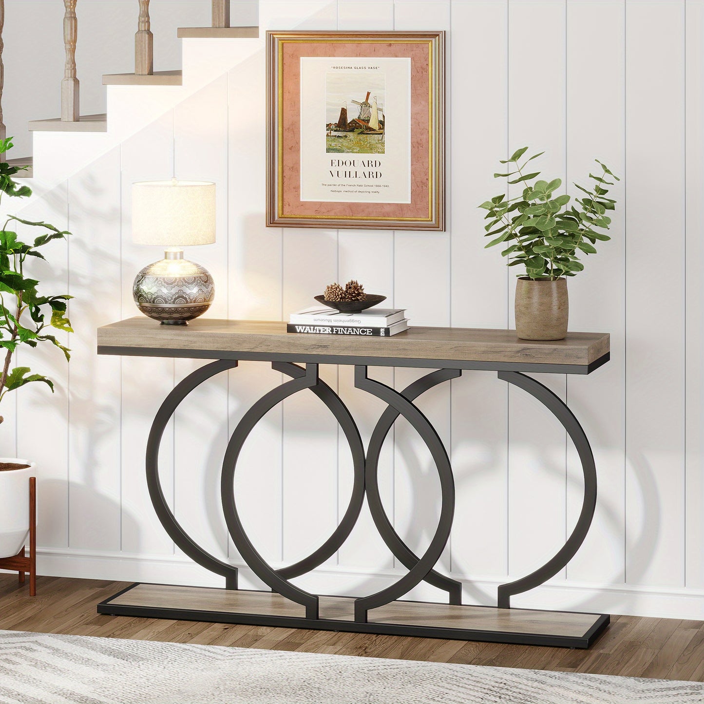139.7 cm Rustic Industrial Console Table - Engineered Wood & Geometric Metal Frame, Oak Grey Finish, Sturdy 99.79KG Capacity, Easy Assembly for Entryway, Living Room, Hallway, Console Table Decor for Entryway, Hallway Storage