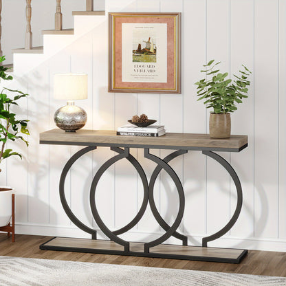 139.7 cm Rustic Industrial Console Table - Engineered Wood & Geometric Metal Frame, Oak Grey Finish, Sturdy 99.79KG Capacity, Easy Assembly for Entryway, Living Room, Hallway, Console Table Decor for Entryway, Hallway Storage