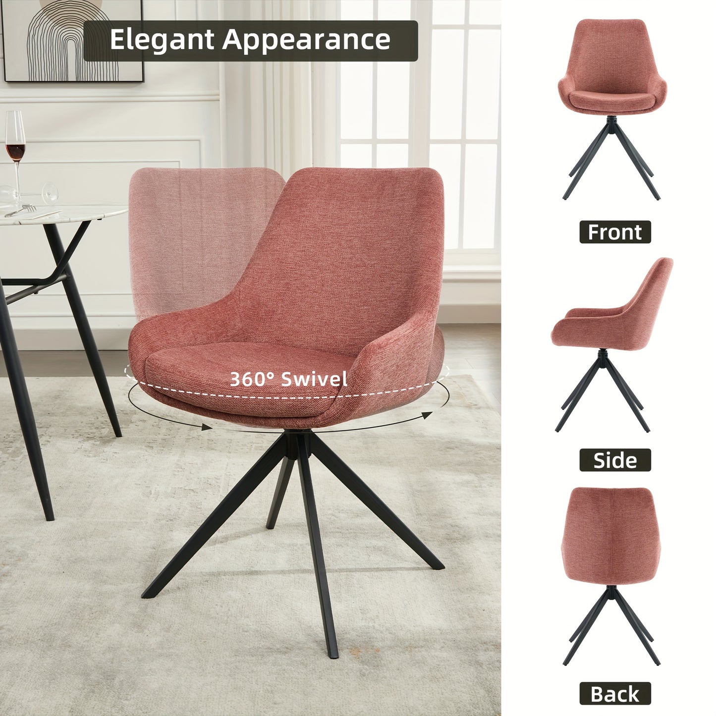 Eetkamerstoelen – Stoelen – Dining Stoelen – Armloze Stoelen – Set Van 2 – Roterend Zitvlak – Metalen Poten – Zwart Polyester
