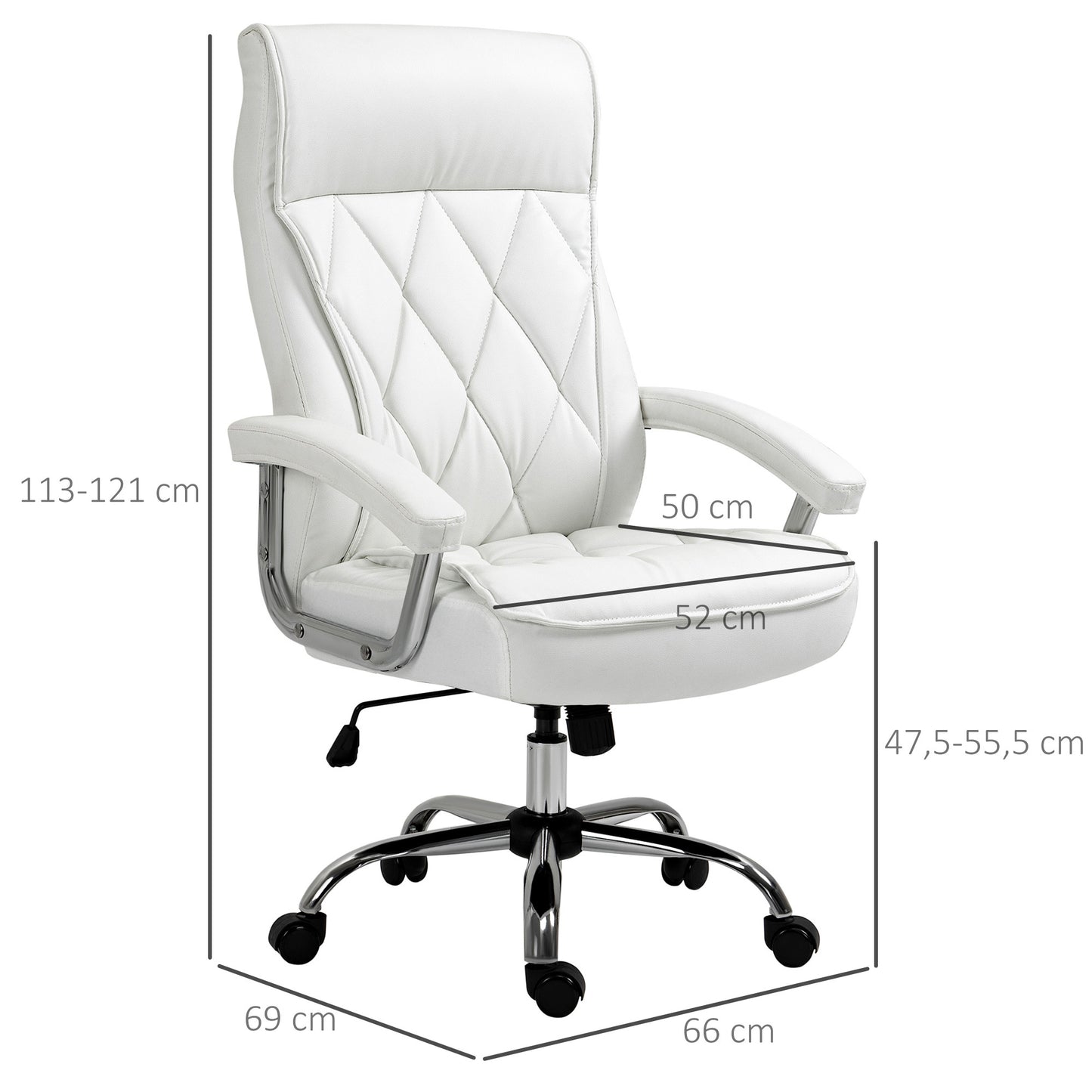 Bureaustoel – Executive Chair – Office Chair – Draaistoel – Ergonomische Stoel – Hoogte Verstelbaar – 360° Draaibaar Met Schommelfunctie – Wit Kunstleer Met Diamantpatroon – Stabiel Metalen Frame 66x69x121 cm