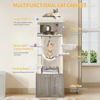 Krabpaal – Kattenboom – Kattenkrabpaal – Kattenmeubel – Kattentoren – Met Kattenbakruimte & Voerstation – 176 cm Hoog Met Sisal Krabpalen & Wasbare Hangmat
