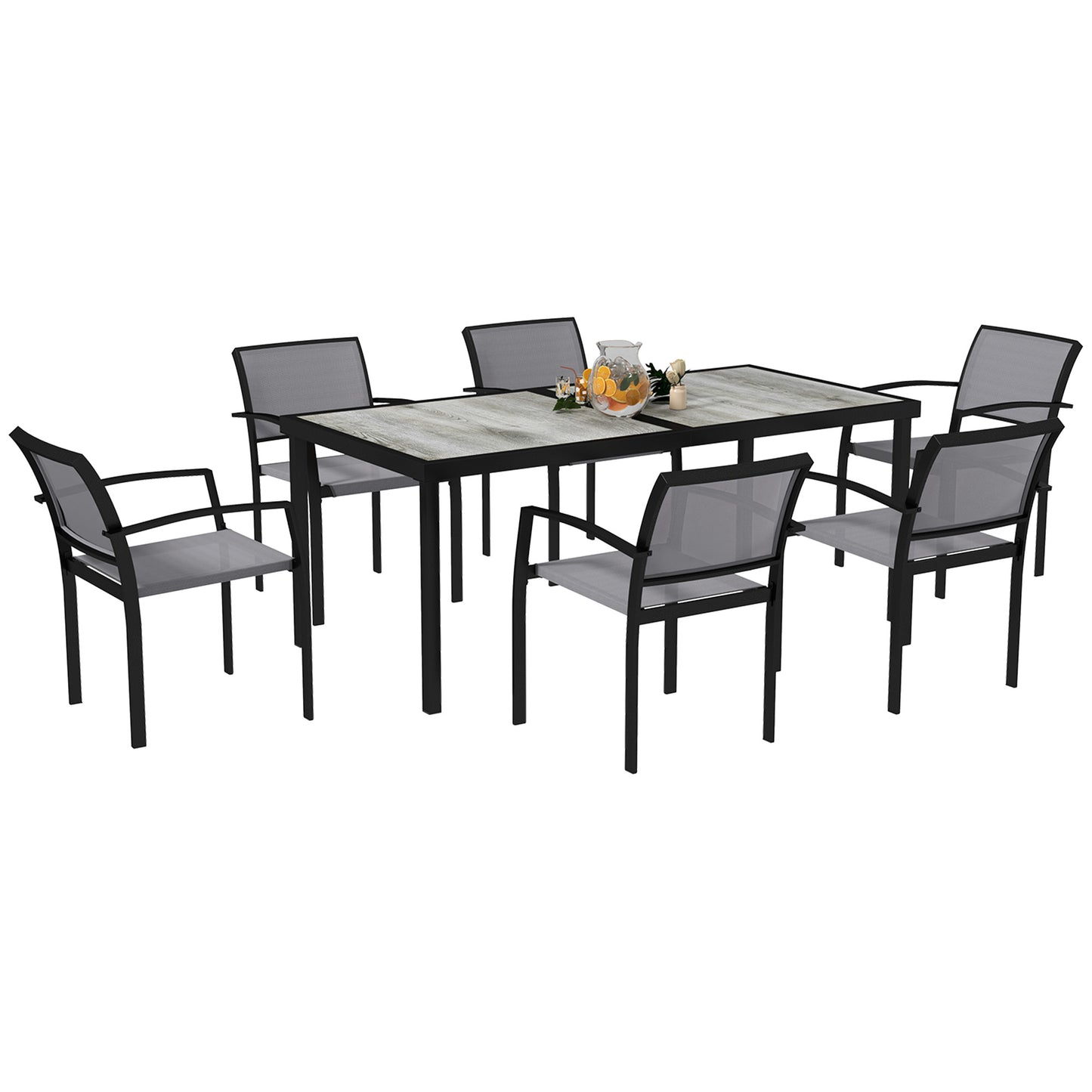 7-delige Tuinset – Buiten Eettafelset – Tuinmeubelset – Balkonset – Stapelbare Stoelen – Grijs – Kunststof Tafelblad Met Houtlook – Weerbestendig Stalen Frame