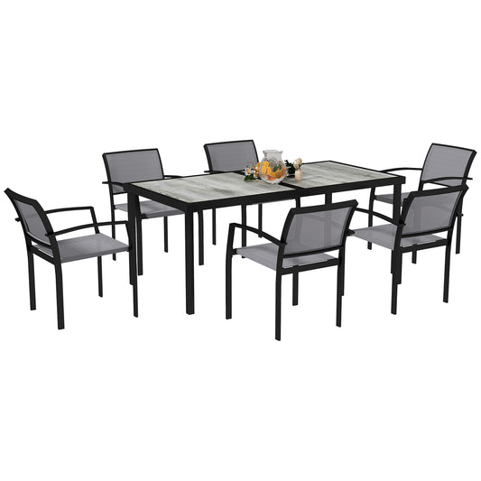 7-delige Tuinset – Buiten Eettafelset – Tuinmeubelset – Balkonset – Stapelbare Stoelen – Grijs – Kunststof Tafelblad Met Houtlook – Weerbestendig Stalen Frame