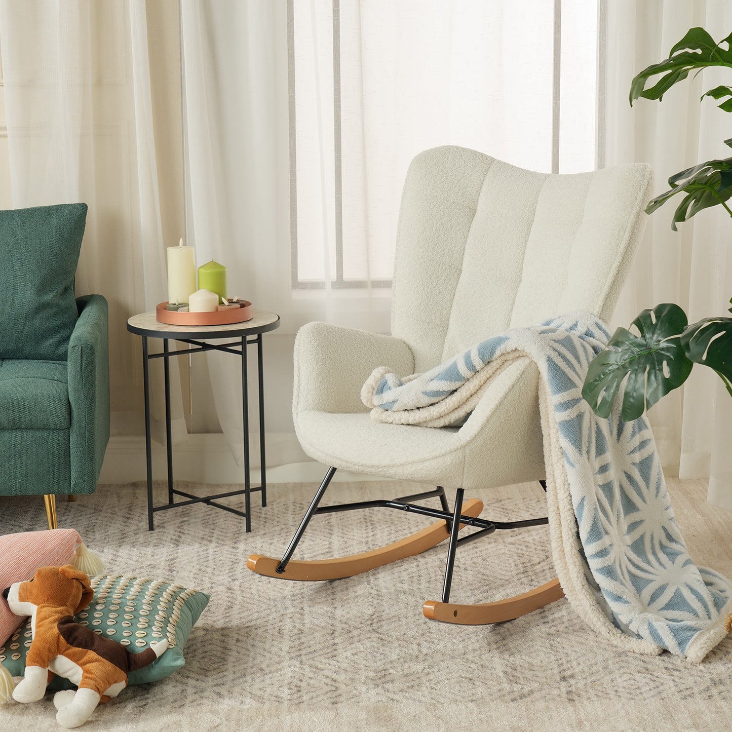 Schommelstoel – Schommelstoel Met Armleuning – Wiegstoel – Relaxstoel – Scandinavische Fauteuil – Beige – Sherpa Bekleding – Massief Beukenhout Met Metalen Frame – 84x68x99 cm