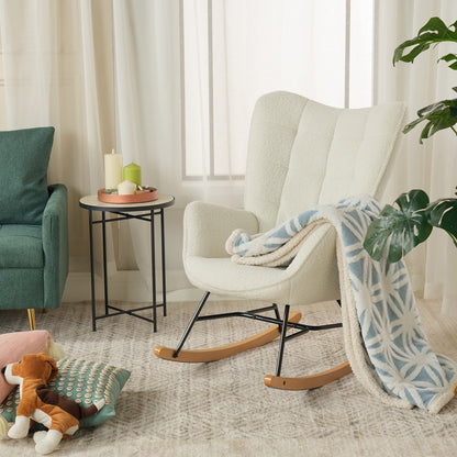Schommelstoel – Schommelstoel Met Armleuning – Wiegstoel – Relaxstoel – Scandinavische Fauteuil – Beige – Sherpa Bekleding – Massief Beukenhout Met Metalen Frame – 84x68x99 cm