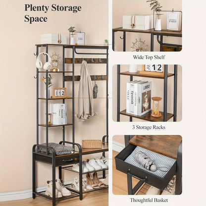 Hall Tree, Coat Rack With 3-Tier Storage Bench And 1 Drawer, 5-in-1 Entryway Bench With 17 Hooks, 1 Hanging Rod, 4-Tier Side Shelves, Rustic Brown