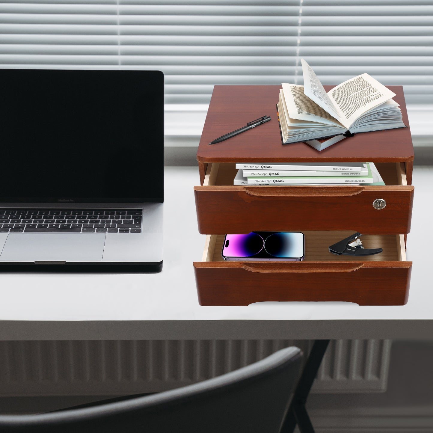 2-Tier Locking with Lock - Heavy-Duty Tung Wood, Walnut-Finish Desktop Organizer with 2 Drawers & Top Shelf for Home Office, Study, or Living Room - Locking Mechanism, Space-Saving Design, Ideal Gift for Organizing Documents,