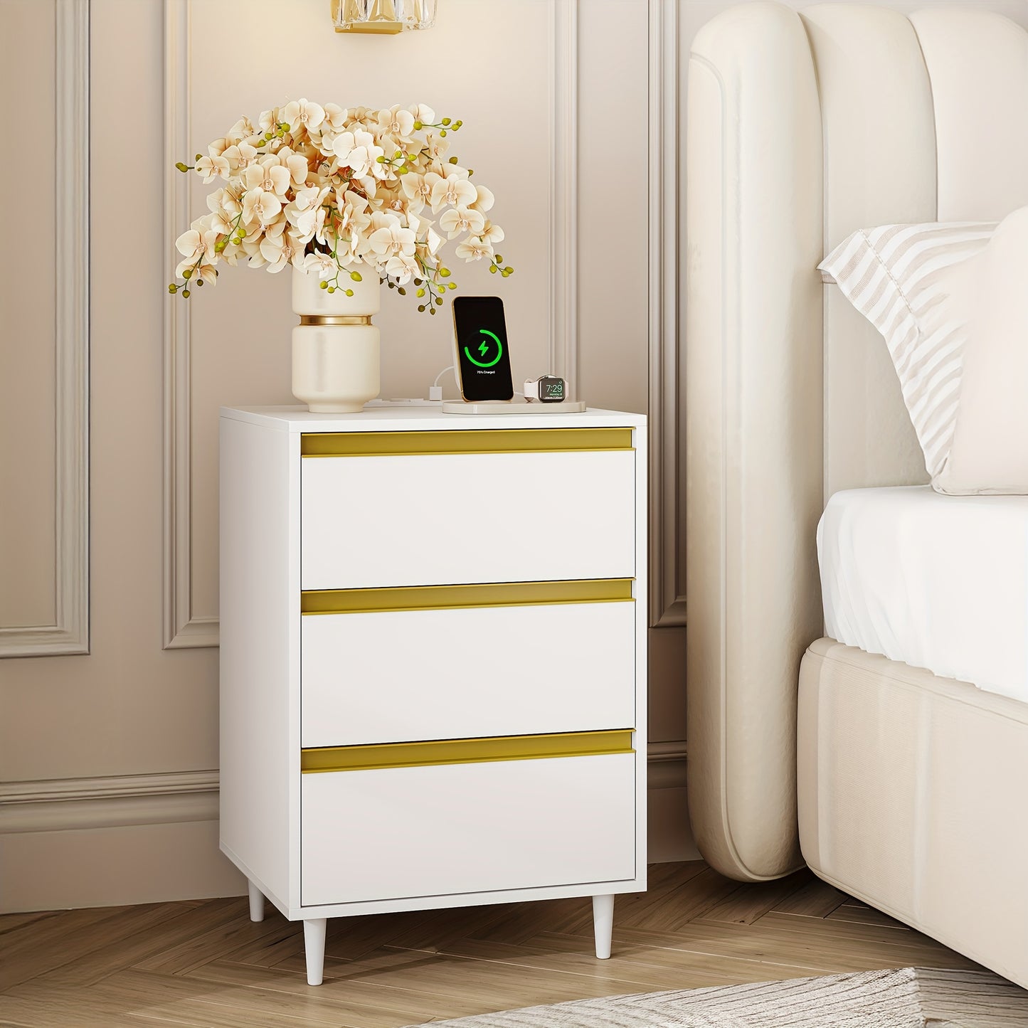 Witte Nachtkastjes – Nachtkastje – Bedkastje – Slaapkamerkastje – Bedtafeltje – Set Van 2 Met 3 Laden – Modern Minimalistisch Design – Massief Hout En Spaanplaat – 35x40x60 cm – Duurzaam En Praktisch