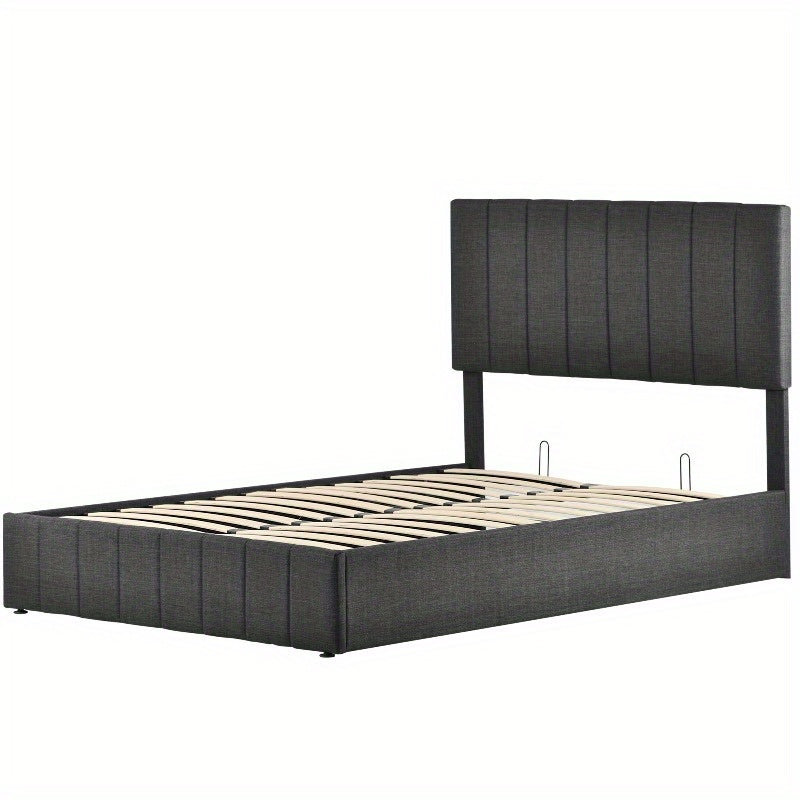 Bedframe – Tweepersoonsbed – Boxspring – Opbergbed – Slaapbank – Hydraulisch Verstelbaar Hoofdeinde – Metalen Frame – 140x200 cm – Grijze Linnen Bekleding – Opberglades – Eenvoudige Montage – Zonder Elektriciteit