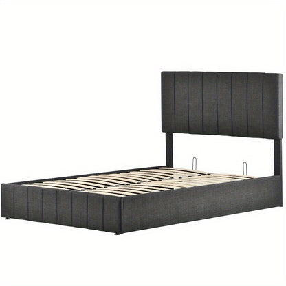 Bedframe – Tweepersoonsbed – Boxspring – Opbergbed – Slaapbank – Hydraulisch Verstelbaar Hoofdeinde – Metalen Frame – 140x200 cm – Grijze Linnen Bekleding – Opberglades – Eenvoudige Montage – Zonder Elektriciteit
