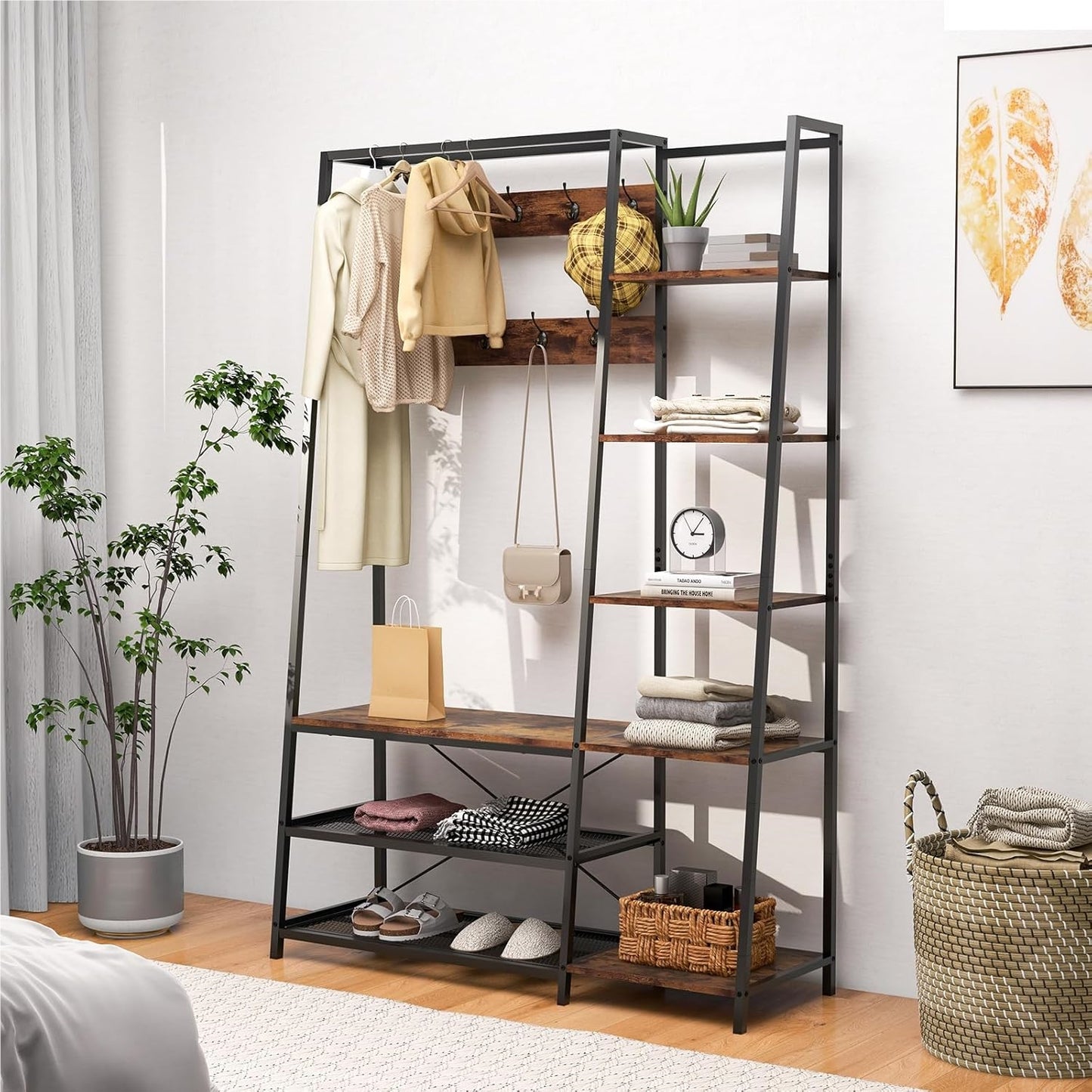 5-In-1 Schoenenrek – Schoenenbank – Kapstok – Opbergmeubel – Entree-Organizer – Stevig Metalen Frame – 9 Haken & 5 Planken – Zwart Met Houtkleur