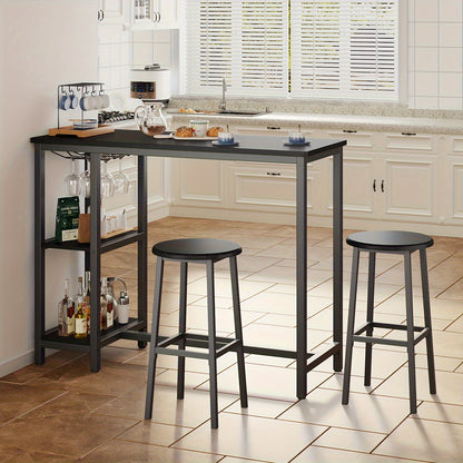 Barset – Bartafelset – Barkrukken – Bartafel – Barmeubel – Zwart & Rustiek Bruin – Compact Ontwerp – Inclusief Wijnrek & Opbergruimte