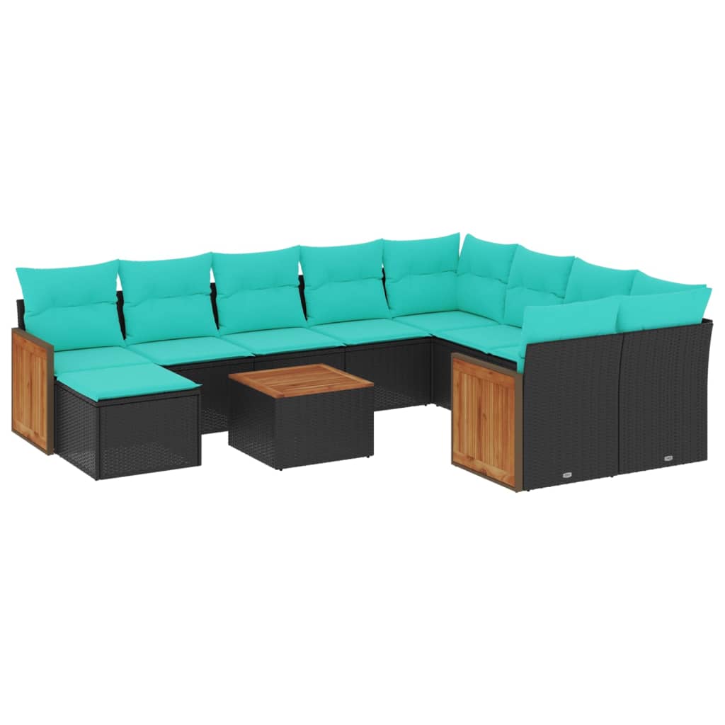 Buitenbank – Tuinbank – Zitbank – Tuinmeubel – Loungebank – Weerbestendig Polyrattan – Inclusief Tafel Met Acaciahouten Blad - Zwart