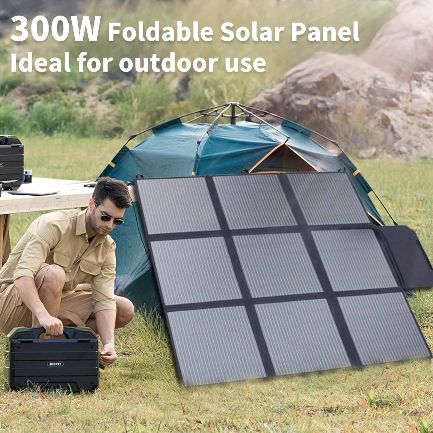 A portable and foldable monocrystalline silicon solar panel with 22.5% conversion efficiency, suitable for outdoor adventures, camping, and solar power generation at power stations.