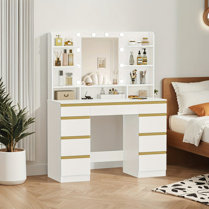 Make-up Tafel – Kaptafel – Visagie Tafel – Makeup Bureau – Dressing Table – Wit met Gouden Accenten – 10 LED-lichtbollen met Instelbare Kleur en Helderheid – Groot HD Spiegeloppervlak