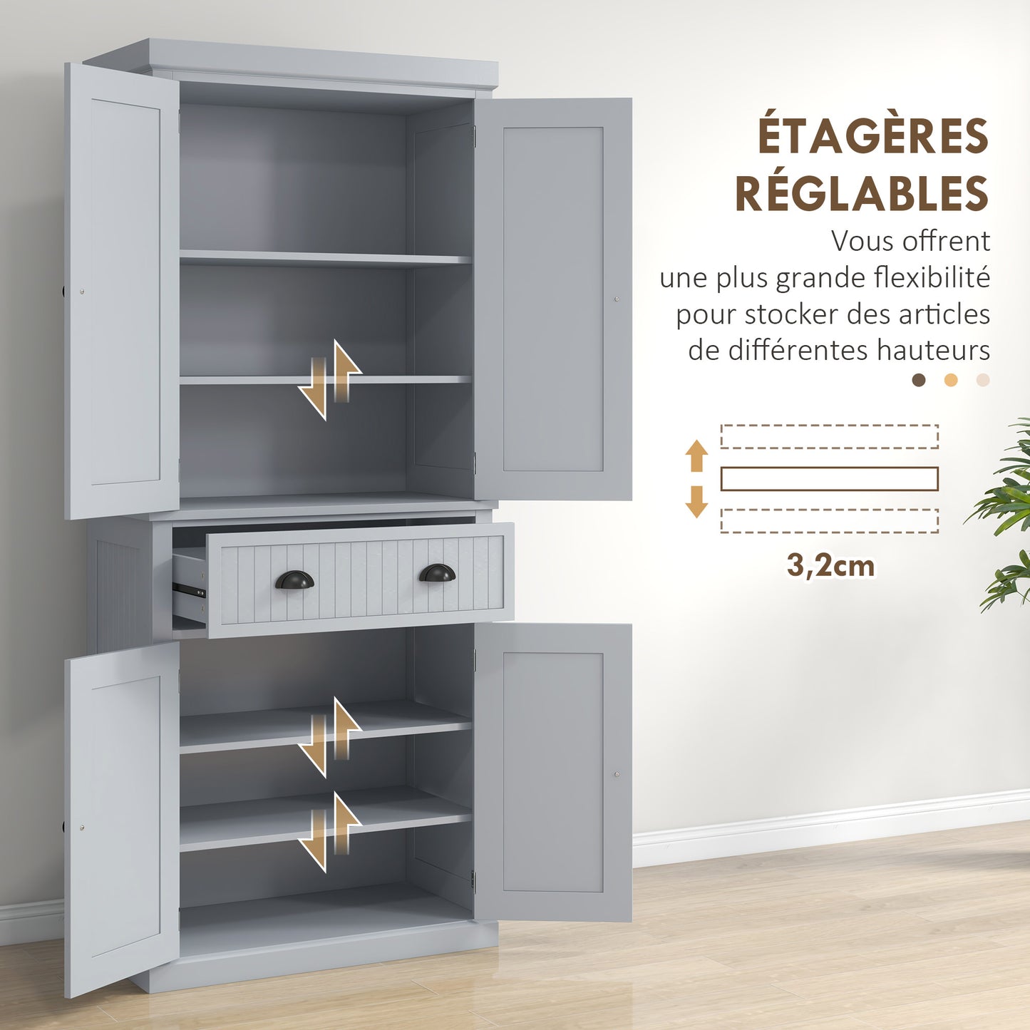 Keukenkastje – Opbergkast – Buffetkast – Keukenkast – Keukenmeubel – Grijs Met Zwarte Grepen – 2 Kasten Met 4 Deuren – Grote Lade – Verstelbare Planken – MDF En Spaanplaat – Modern Design – 76,2x40,2x183 cm