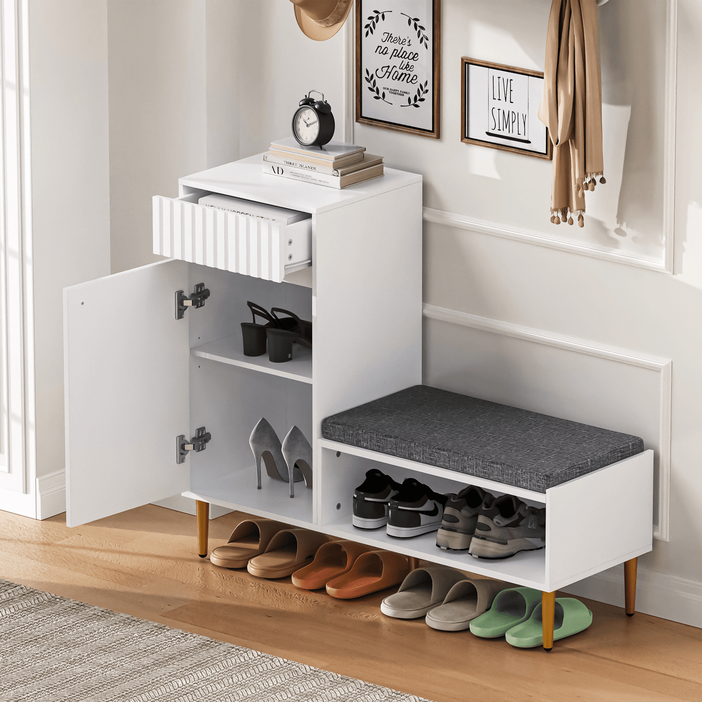 BTM Modern Shoe Cabinet with Bench, 1 Door, 1 Drawer, 1 Open Shelf, Padded, White, 100x35x82.2 cm