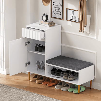 BTM Modern Shoe Cabinet with Bench, 1 Door, 1 Drawer, 1 Open Shelf, Padded, White, 100x35x82.2 cm