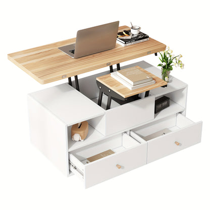 Adjustable Height Coffee Table with Folding Function & 4 Drawers - 100x50x47, 5cm, Large & Small Hydraulic Lifted Tables, Mobile Living Room Sofa Table with Casters, Contemporary Metal Design, Easy Assembly, No Power Needed,