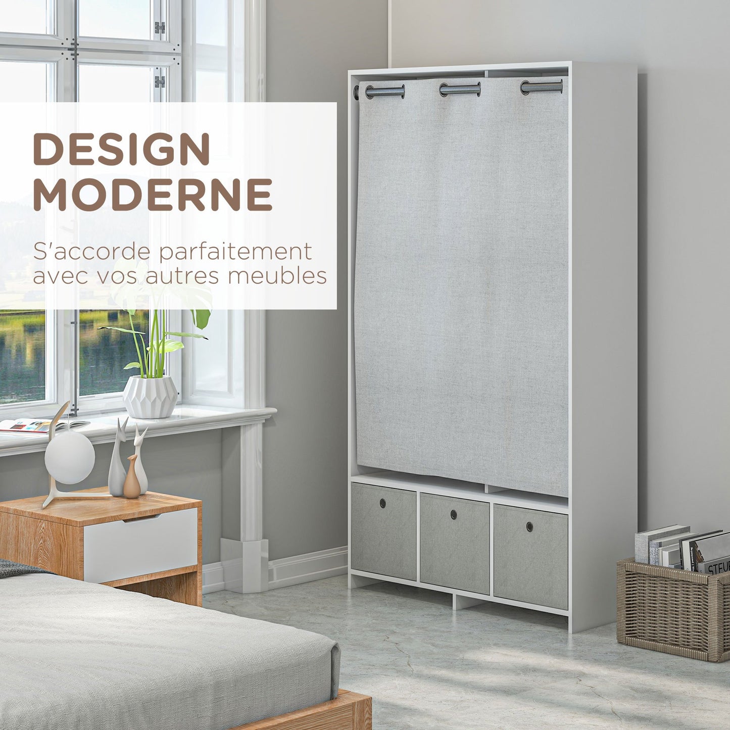 Kledingkast – Garderobekast – Opbergkast – Kleerkast – Kast Met Gordijn – Ruime Hangplek 117,5 cm – 3 Uitneembare Stoffen Lades – Wit – 105x48x160 cm