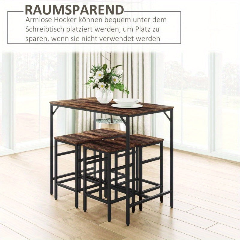 Bartafelset – Barset – Bistroset – Barkrukset – Eettafelset – Ruimtebesparend Ontwerp – Melamine Tafelblad & Stalen Frame – Rustic Bruin/Zwart – 4 Inklapbare Krukken