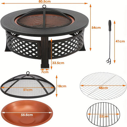 Vuurkorf – Tuinhaard – Vuurmand – Vuurschaal – Buitenhaard – Rond 80,5 cm – Mat Zwart Gepoedercoat Staal – Inclusief Vonkenscherm en Grillrooster