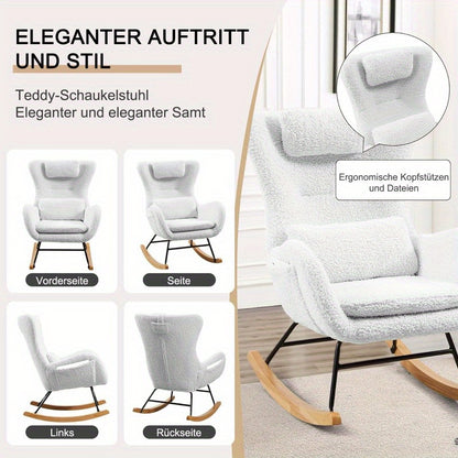 Schommelstoel – Relaxstoel – Fauteuil – Voedingsstoel – Loungestoel – Ergonomisch Design – Memory Foam Zitting – Hoge Rugleuning – Teddy Stof – Massief Houten Frame – Handmatig Schommelmechanisme – Grijs