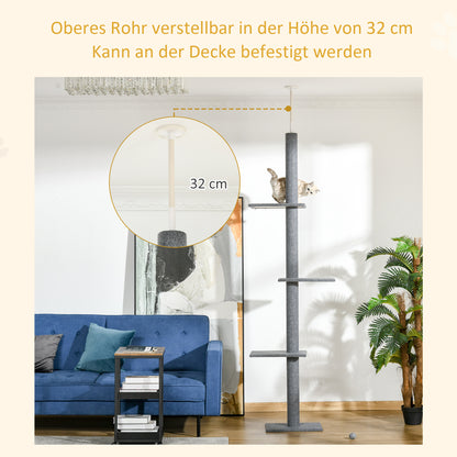 Krabpaal Plafondhoog – Kattenboom – Klimpaal – Krabmeubel – Speelpaal Kat – Verstelbare Hoogte 228-260 cm – 4 Platforms Met Pluche Bekleding