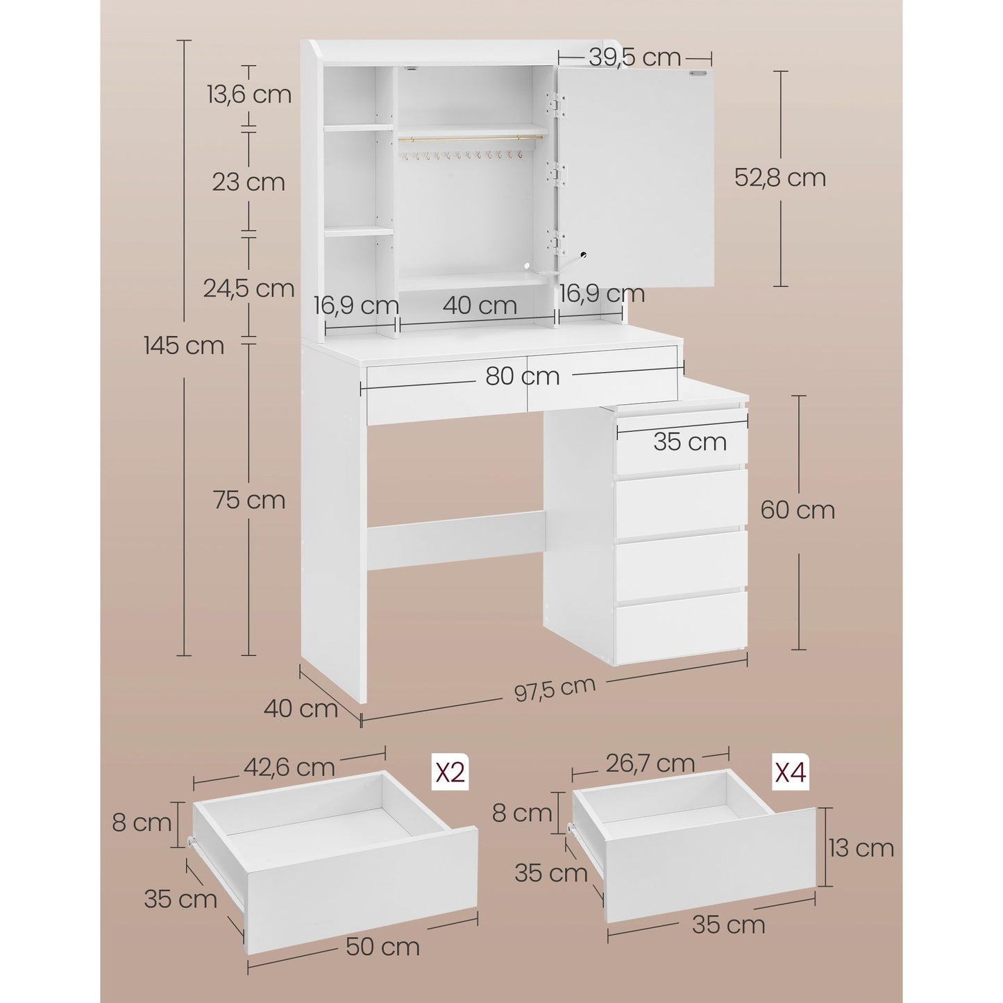 Toilettafel – Kaptafel – Make-up Tafel – Opmaaktafel – Dressoir – Verstelbare LED Verlichting – Wolkenwit MDF 40x97,5x145 cm