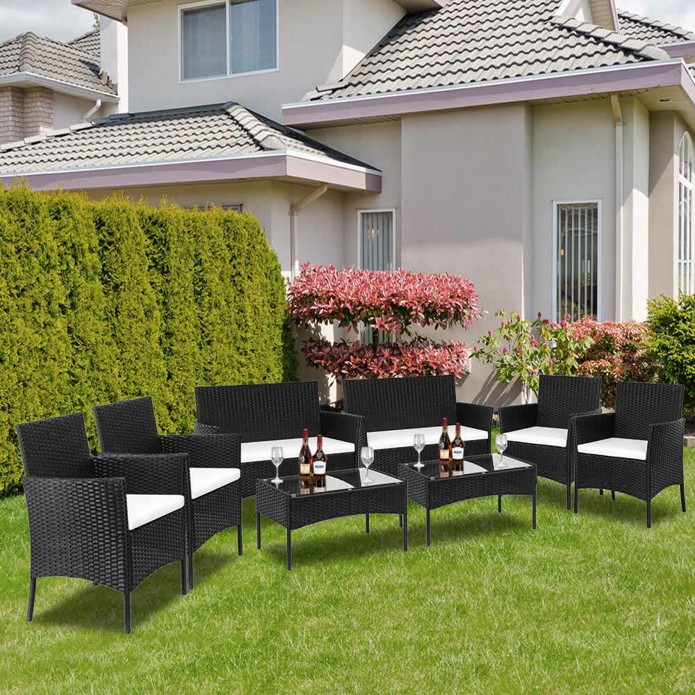 Wicker Loungeset – Loungebank – Tuinset – Balkonmeubels – Loungesofa – Zwart – Weerbestendig Geflochten Wicker – Comfortabele Dikke Kussens