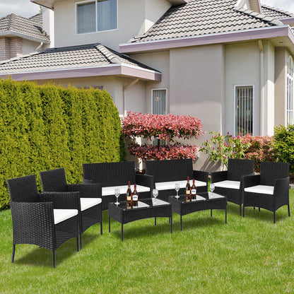 Wicker Loungeset – Loungebank – Tuinset – Balkonmeubels – Loungesofa – Zwart – Weerbestendig Geflochten Wicker – Comfortabele Dikke Kussens