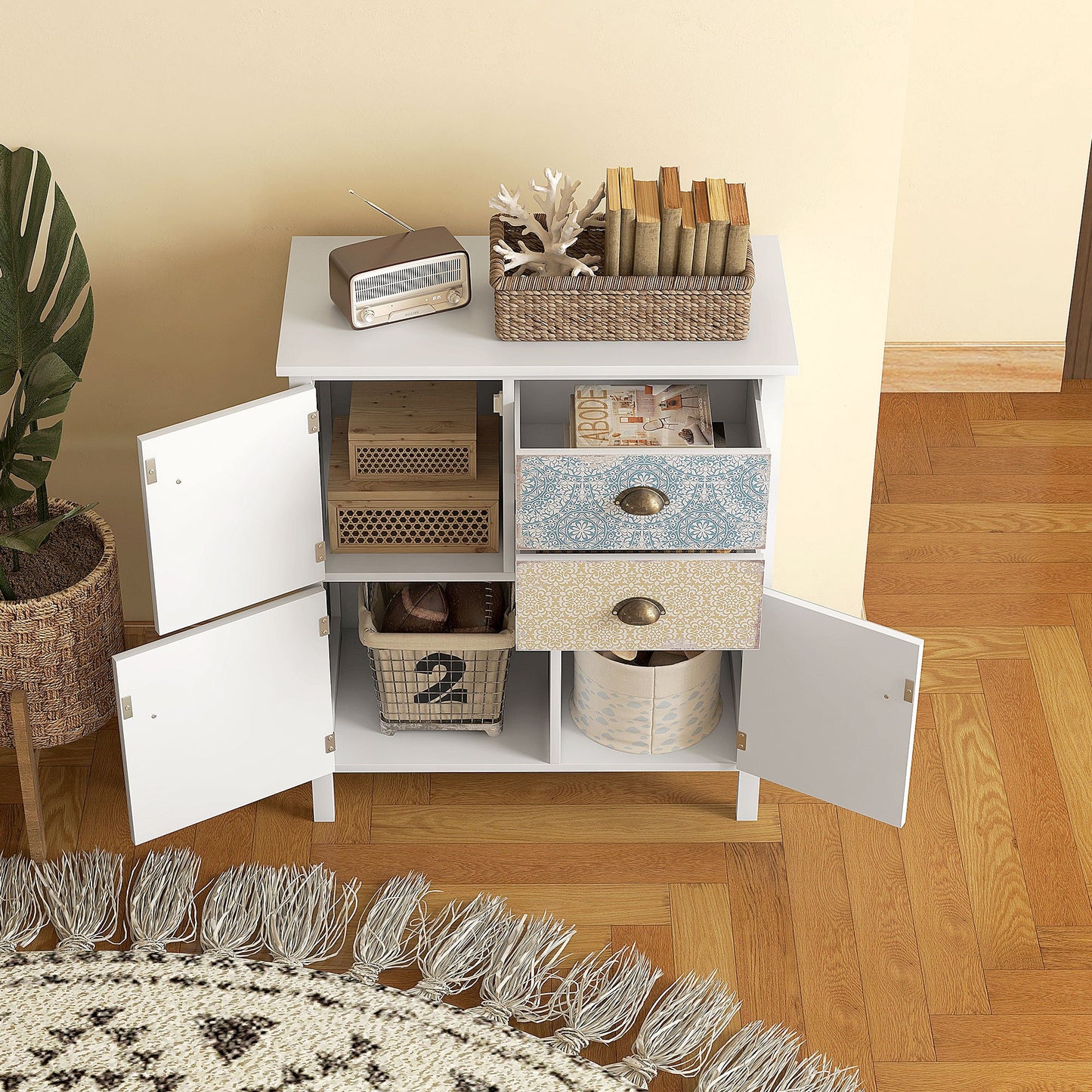Sideboard – Dressoir – Opbergkast – Bijzetkast – Ladekast – Wit Shabby Chic – Massief Dennenhout – Compact Formaat 68x34x80 cm
