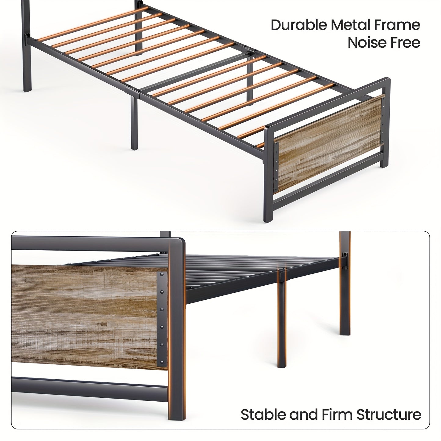 Bedframe – Platformbed – Eenpersoonsbed – Tweepersoonsbed – Bedframe Met Hoofdbord – 120x200 cm – Metaal En Hout – 35 cm Opbergruimte Onder Bed