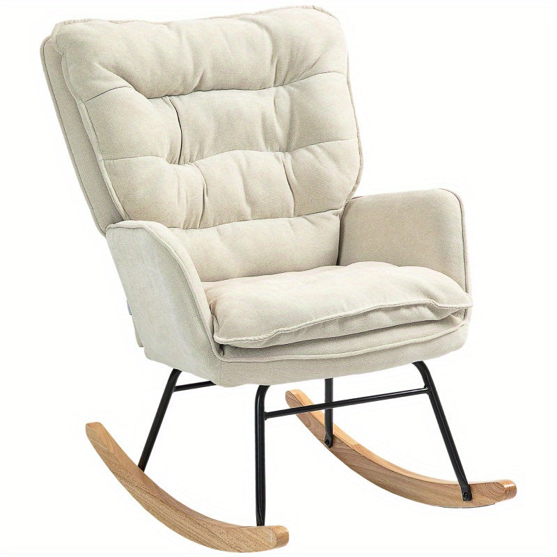 Schommelstoel – Relaxstoel – Fauteuil – Loungestoel – Schommelstoel Babykamer – Extra Breed Zitvlak 65 cm – Stil Schommelmechanisme – Beige Chenille Bekleding – Stevig Metalen Onderstel – Draagvermogen 120 kg – Geen Montage