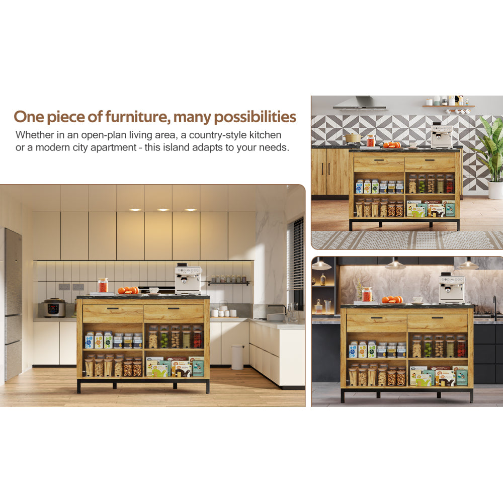 120×75×90cm, Country-Style Kitchen Island with 2 Drawers and 4 Open Shelves, Oak Grain Finish, Black Marble Countertop, Metal Frame, Kitchen Island With Seating, Kitchen Shelf Organizers And Storage, Island Table For Kitche